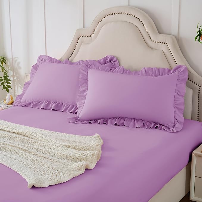 Homiest 3-Pieces Ruffle Pillow Case & Fitted Sheet Set, Lavender Full Sheets with 2 Ruffled Pillow Shams, 15 Inch Deep Pocket, Cute & Coquette Microfiber Bed Set for Decorating Bedroom Hotel