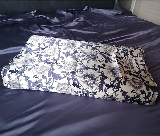 Silk Pillowcase for Memory Foam Pillow Neck Pillow, Pure Mulberry Silk Pillow Case for Cervical Pillow Contour Pillow (Blue and White, 20" x 12.5" x 4"/3")