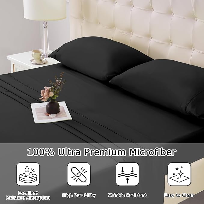 King Size Bed Sheet Set - 4 Piece Soft Microfiber Sheets with Deep Pockets, Cooling Technology, and Wrinkle-Free Pillowcase. Hotel-Quality, Durable Bedding, Black