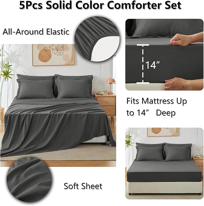 CozyLux Twin XL Comforter Set Dark Grey, 5 Pieces Bed in a Bag Twin Extra Long Comforter Set with Sheets College Dorm, Dark Gray Bedding Sets with Down Alternative Comforter, Sheets, Pillowcase & Sham
