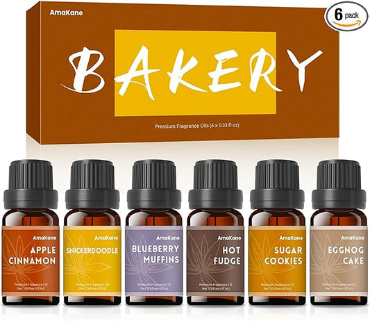 AmaKane Bakery Fragrance Oils, Fall Essential Oils for Diffuser, Candle Making, Soap Scents- Apple Cinnamon, Sugar Cookies, Snickerdoodle, Eggnog Cake, Blueberry Muffin, Hot Fudge, 6x10ml