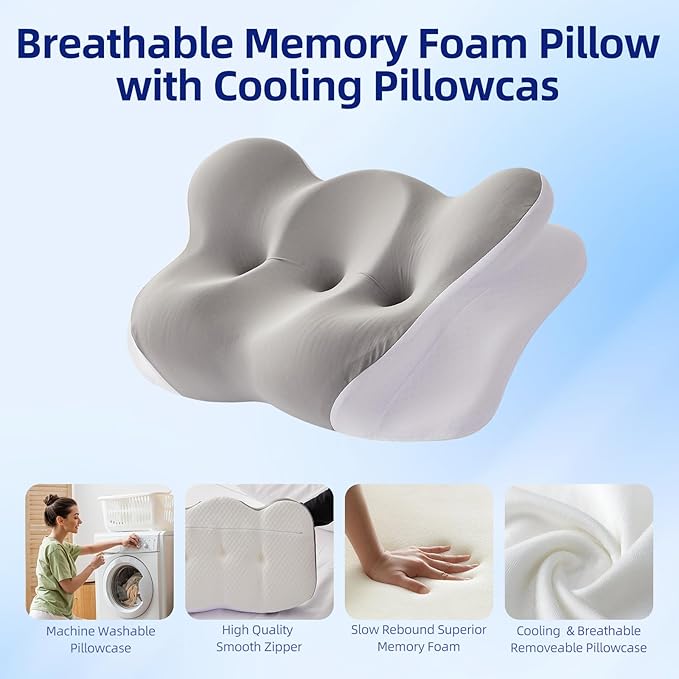 FUNCCUBE Cervical Neck Pillow - Memory Foam Pillows for Pain Relief Sleeping with Cooling Pillowcase, Ergonomic Contour Odorless Bed Pillow for Back Side Shoulder Stomach Sleeper, Queen Gray