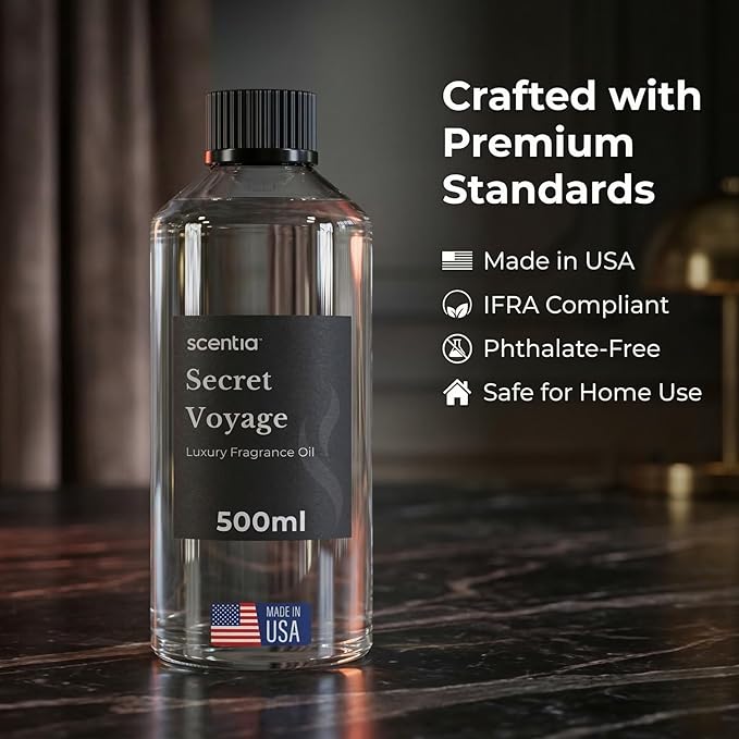 Scentia Secret Voyage Amber Fragrance Oil for Diffusers – Luxury Jasmine & Saffron Home Scent with Cedar & Ambergris – Diffuser Oil for Ultrasonic, Cold Air & Waterless Diffusers – 500 ml (16.9 fl oz)