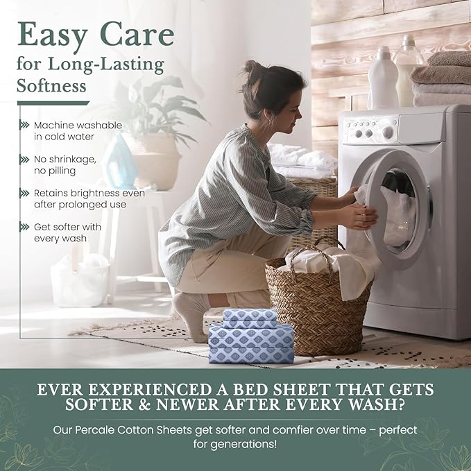Feather & Stitch Softest 100% Cotton Sheets, 300 Thread Count Percale Weave Bedding, 16" Deep Pocket, Cooling Sheets, Breathable Bed Set, Hotel Premium Quality (Full, Diamond)