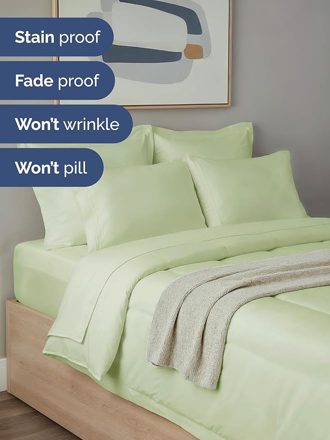 King Comforter Set - 7 Piece Bed in a Bag King Size Bed Set - Down Alternative Comforter, Flat Sheet, Fitted Sheet, Pillowcase & Shams for All Seasons - Ultra Soft and Breathable - Light Sage Green