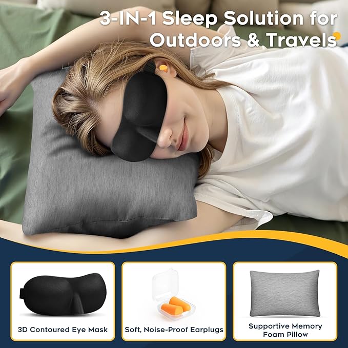 CushyOasis All-in-1 Camping Pillow Set - Shredded Memory Foam Neck Pillow Travel Pillow with Eye Mask, Earplugs, Washable Cover, Compact for Backpacking, Camping, Flights, Car Travel (Small Size)