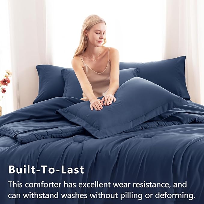 CozyLux Oversized Queen Comforter Set Navy Blue, 7 Pieces Bed in a Bag Comforter Set with Sheets, Luxury Soft Bedding Set with Down Alternative Comforter, Fitted Sheet, Flat Sheet, Pillowcases & Shams