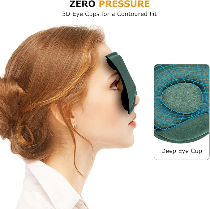 Sleep Mask for Side Sleepers, 3D Contoured Eye Mask with Thickened Padded Nose Bridge for Total Light Blockout, Relaxing Sleeping Mask with Adjustable Strap for Nap, Travel, Hotel, Yoga,Green