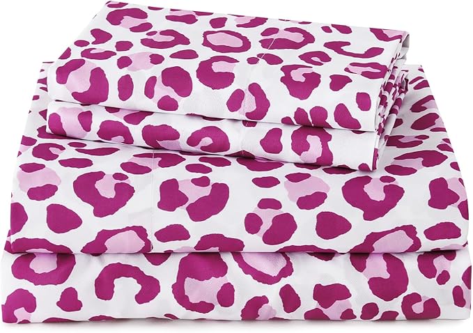 Twin Sheets Set, Leopard 3-Piece Brushed Microfiber Sheets, Cooling Bed Sheet Set, Soft & Breathable, 16' Deep Pocket Fitted Sheet & Pillowcase Set, Pink Leopard