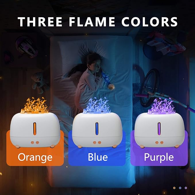 Cute Multicolored Flame Diffuser Humidifier,Essential Oil Aroma Therapy Diffuser with Waterless Auto-Off Protection,Fire Air Diffuser for Home Office Bedroom (White)