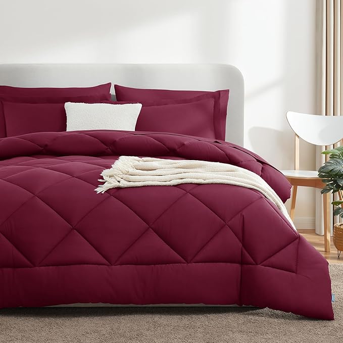 CozyLux Full Size Comforter Sets Burgundy - 7 Pieces Bed in a Bag Full, Luxury Soft Bed Set for All Seasons, Bedding Set with Down Alternative Comforter, Sheets, Pillowcases & Shams, Red