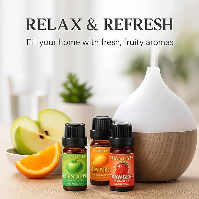 Fruity Essential Oils Set-6 x 10ml-Green Apple,Watermelon,Strawberry,Pineapple,Blood Orange,Mango,Sweet Aromatherapy Oils for Diffuser,Humidifier,Candle & Soap Making