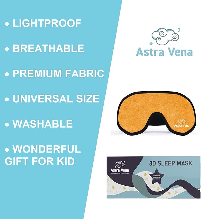 3D Sleep Mask for Kids, Light Block Sleeping Blindfold Memory Foam Contoured Eye Mask for Sleep, Adjustable Strap Eye Cover and Travel Sleep Mask for Boys Girls, Orange