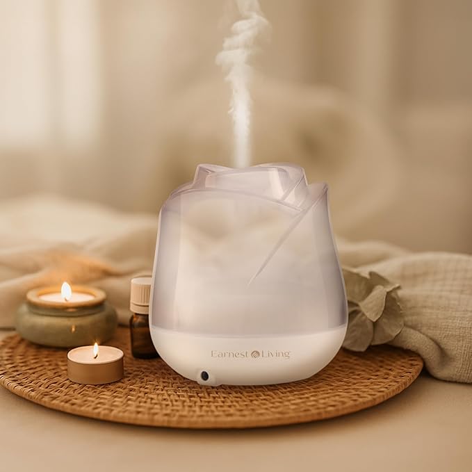 Earnest Living Rose Essential Oil Diffuser 150ml – Mini Ultrasonic Aromatherapy Humidifier for Bedroom & Desk, Quiet Mist, USB Powered, 7-Color Night Light, for Women, Frosted White