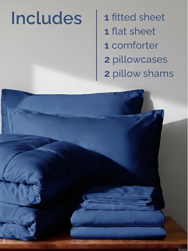 Full Comforter Set - 7 Piece Bed in a Bag Full Size Bed Set - Down Alternative Comforter, Flat Sheet, Fitted Sheet, Pillowcase & Shams for All Seasons - Soft, Comfy & Breathable - Navy Blue/Sky Blue
