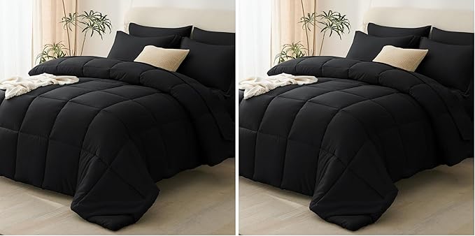 CozyLux Queen Comforter Set Black - 7 Pieces Bed in a Bag Queen, All Season Soft Bedding Set, Oeko-Tex Certified Bed Set with Down Alternative Comforter, Sheets, Pillowcases & Pillow Shams (Pack of 2)