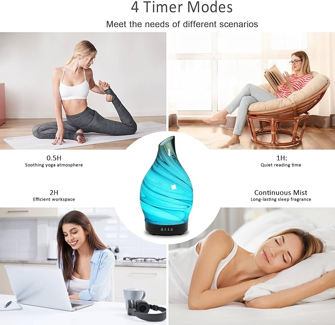 Essential Oil Diffuser 150ML, Glass Aromatherapy Diffuser with 4 Timer Settings & 7 Color Changing Lights, Waterless Auto Shut-Off, Ultra Quiet Oil Diffuser, Mothers Day for Home, Office, Yoga, Spa