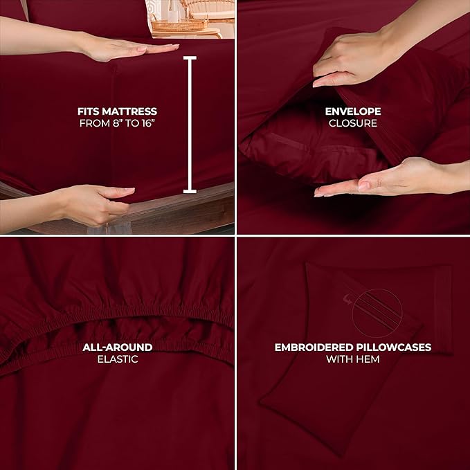 ROYALE LINENS 3 Piece Twin XL Sheets Set - Soft Brushed 1800 Microfiber Bedding - 1 Fitted, 1 Flat Sheet, 1 Pillow case - Wrinkle Free & Fade Resistant - Hotel Luxury Bed Sheets (Burgundy, Twin XL)