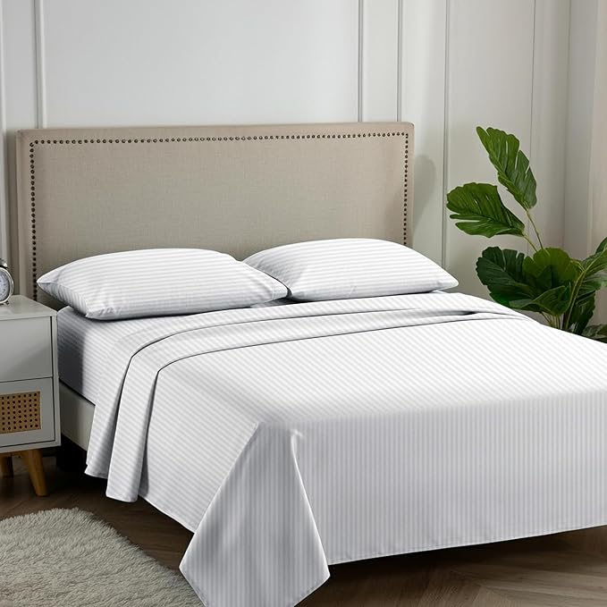 Carressa Linen Luxury Egyptian Cotton Full Stripe Sheet Set - 600 Series Hydrangeas Collection Long Staple Full Damask Sheets (4 PC, White Stripe), Sateen Weave Sheets Upto 18 in Deep Pocket