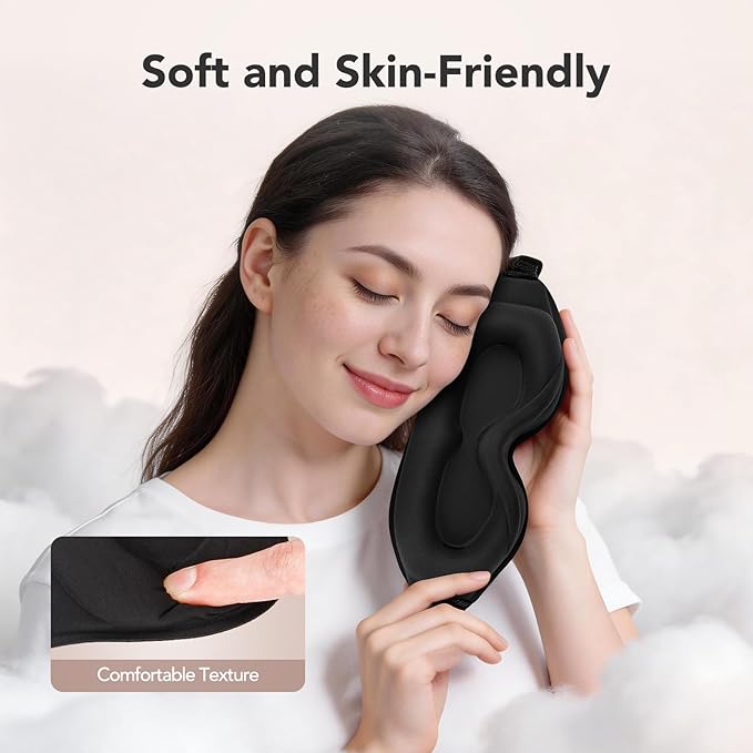 Sleep Mask for Side Sleepers, 100% Blackout Eye Mask for Sleeping with 3D Deep Contoured Cups, Zero Pressure Lash-Friendly, Adjustable Light Blocking Travel Mask for Men & Women, Black