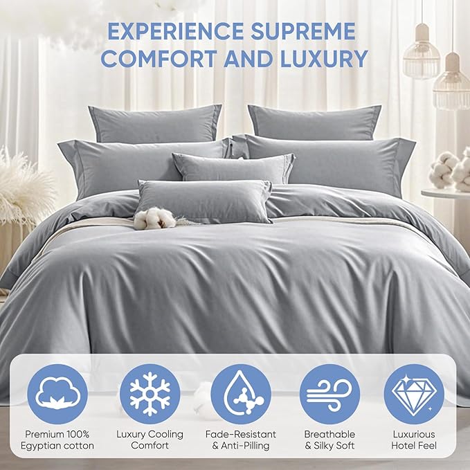 TWK 1200 TC 100% Egyptian Long-Staple Cotton Bedding Sheets Set, Luxury Hotel Style Deep Pocket with Elastic Reinforced Seams Sheet Set, Soft & Comfy Natural Sheets (Gray, Full)