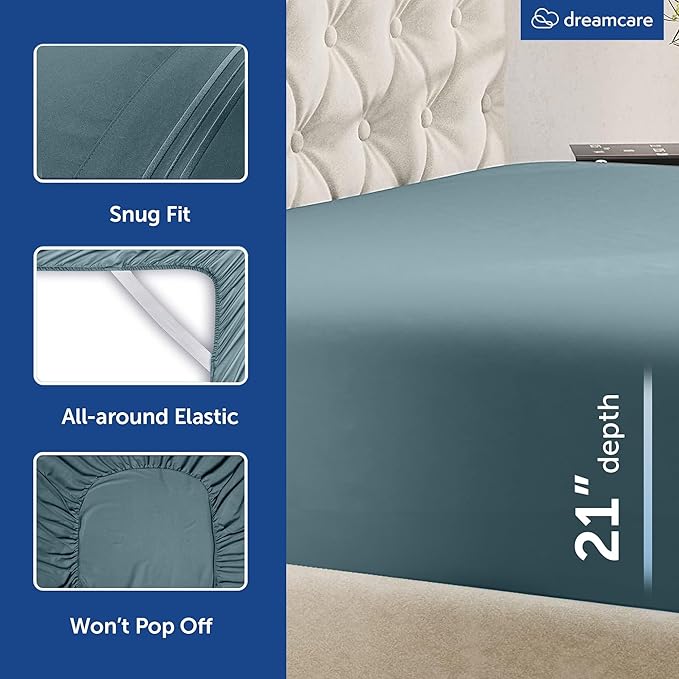 DREAMCARE Queen Sheet Set - 6 pcs Breathable Cooling Bed Sheets - up to 21" Extra Deep Pocket Queen Sheets Set with Side Pockets - Extra Soft 100% Brushed Hypoallergenic Hotel Luxury Bedding Mnrl Blue