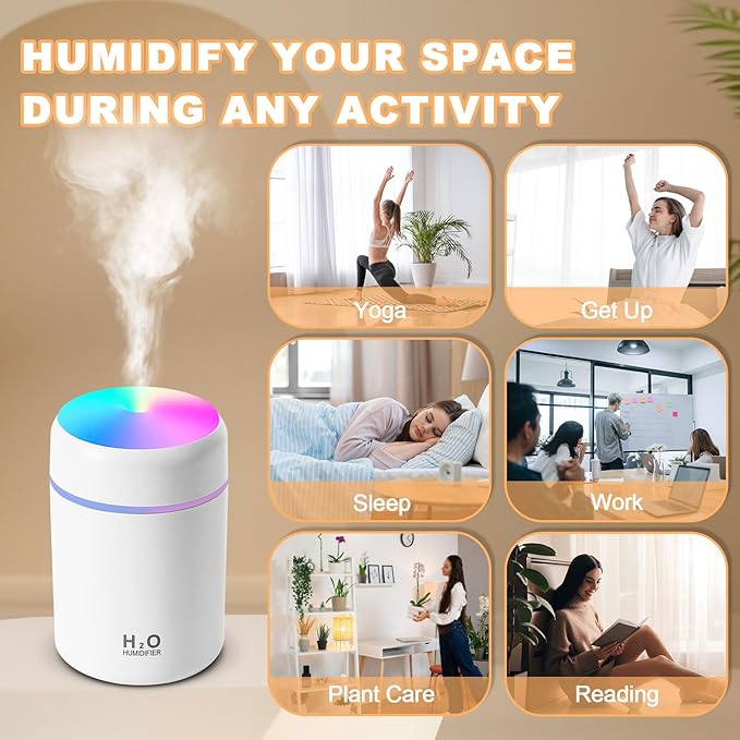 Portable Small Humidifier, 300ml Mini Cool Mist Humidifier, USB Personal Desktop Humidifiers for Baby Bedroom Travel Office Home, Auto Shut-Off, 2 Mist Modes, White