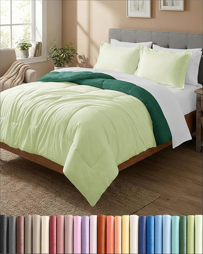 Queen Comforter Set - 3 Piece Bed Set for All Seasons - 1 Soft Quilted Comforter w/ Corner Tabs & 2 Pillow Shams - Comfy, Cozy & Breathable - Premium Down Duvet Insert - Queen Size, Emerald/Light Sage