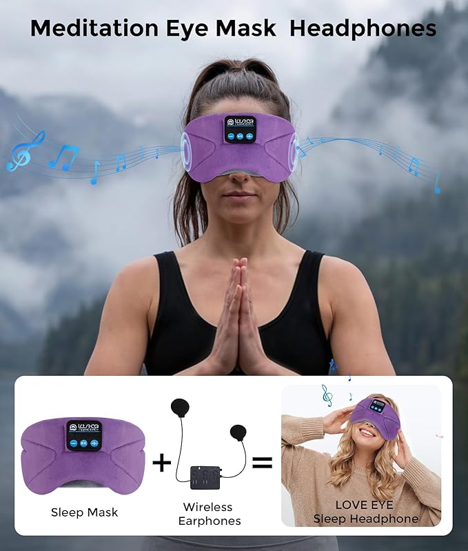 LOVE EYE Sleep Headphones Bluetooth 5.4 Sleeping Eye Mask Wireless Music Earphones with HD Speakers for Side Sleepers Total Blackout Cotton Mask for Travel, Office, Unique Gifts (Lavender Purple)