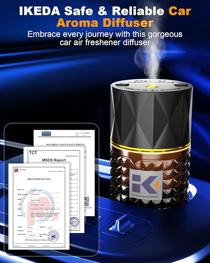 Smart Car Air Freshener | Negative Ion Car Aroma Diffuser | Car Air Freshener Diffuser with 3 Switchable Modes | Car Diffuser Auto Power-Off When Waterless | Glass Diffuser for Car, by Ikeda (Black)