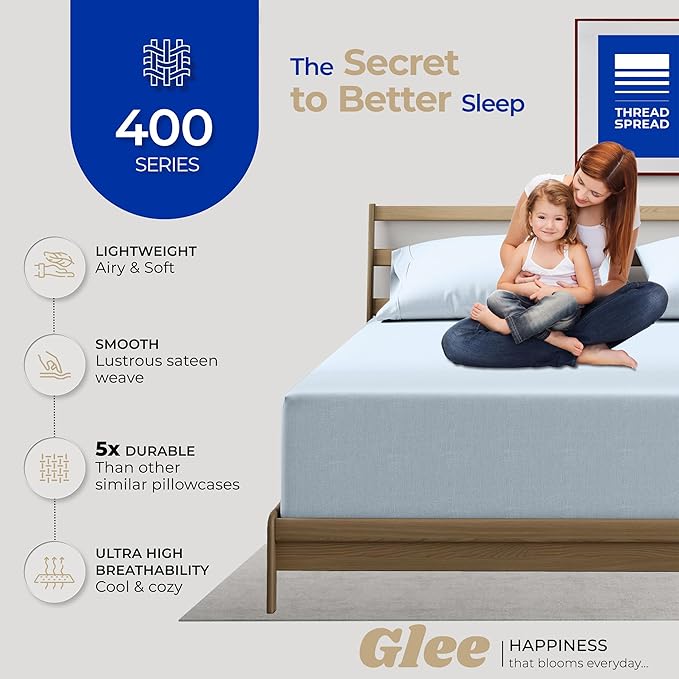 Thread Spread 100% Cotton Pillow Cases Queen Size Set of 4 - Luxury 400 Series Glee Collection Queen Pillow Cases (Pack of 2, Light Blue), Soft Cooling Hotel Cotton Pillowcases, Fits Standard Pillows