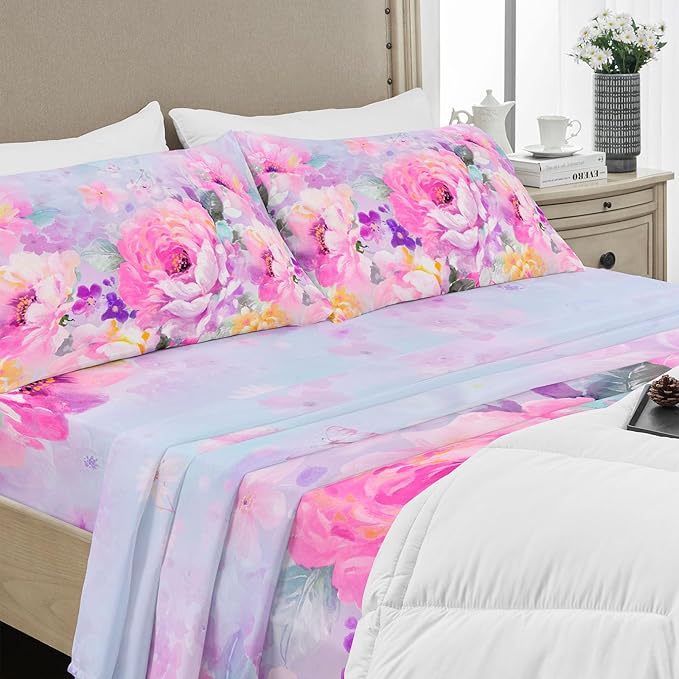 YIYEA Pillow Cases Queen Size Set of 4, Ultra Soft 1800TC Hotel Quality Double Brushed Microfiber Embroidered Pillowcases and Floral Pillow Covers, Envelope Closure, Fade Resistant (20"x30")