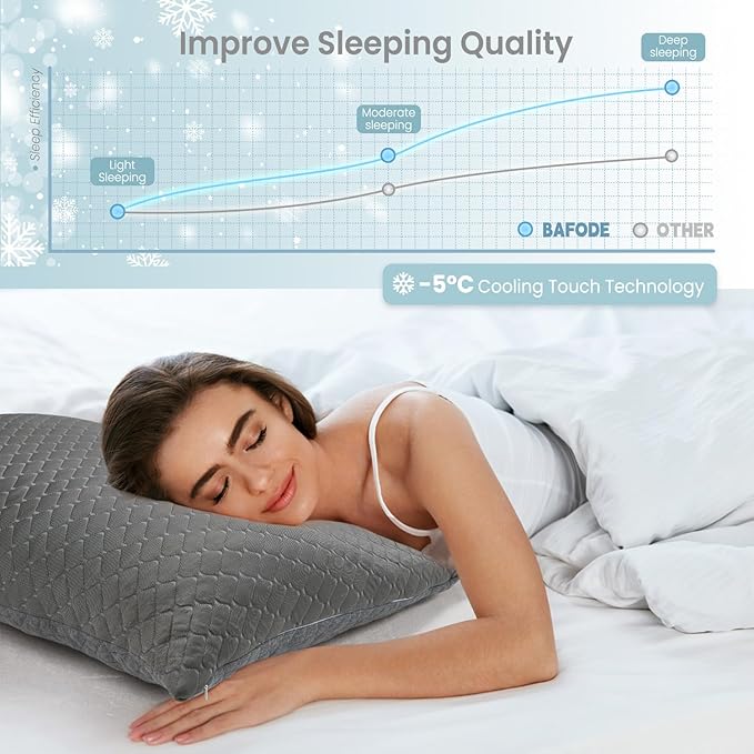 Bafode Memory Foam Pillows Queen Size Set of 2, Shredded Memory Foam Pillows, Cooling Pillow for Sleeping, Adjustable Bed Pillows for Side, Back and Stomach Sleepers