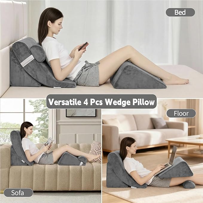 4PCS Orthopedic Bed Wedge Pillow Set for Post Surgery&Pain Relief,Adjustable Wedge Pillow for Back,Acid Reflux,Sitting up in Bed,Recovery,Snoring,Body Pillow for Sleeping (Gray)