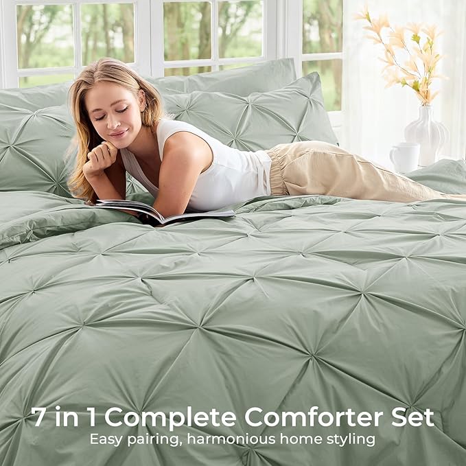Sasttie Full Size Comforter Set, 7-Piece Bed in a Bag, Pintuck Bedding Set for All Season, Includes Comforter, Flat Sheet, Fitted Sheet, Pillowcases and Pillowshams, Dusty Green