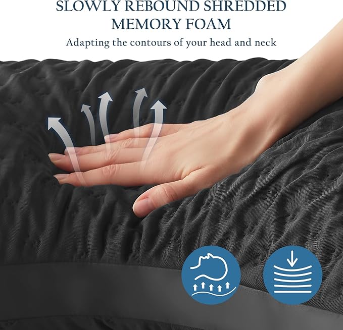 Cooling Side Sleeper Pillow for Neck and Shoulder Pain, Luxury Shredded Memory Foam Curved Gusseted Bed Pillows for Sleeping Adjustable Queen Size - Washable Cover Crescent Black