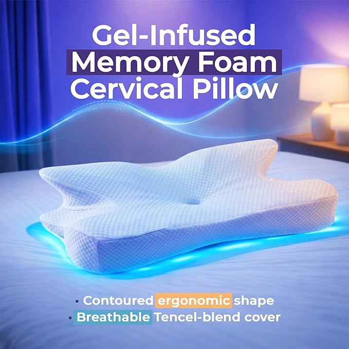 Cervical Neck Pillow for Side, Back & Stomach Sleepers, Cooling Gel Memory Foam Contour Pillow, Ergonomic 4-Zone Neck Support, Breathable Removable Cover