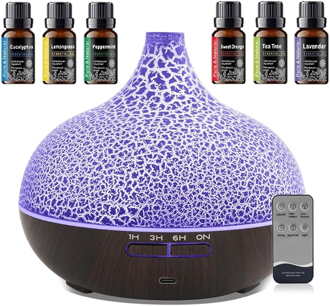 Aromatherapy Diffuser & 6 Essential Oils Set, 400ml Diffuser Ultrasonic Diffuser Cool Mist Humidifier with 4 Timers 7 Colors Light Waterless Auto Off for Large Room Office