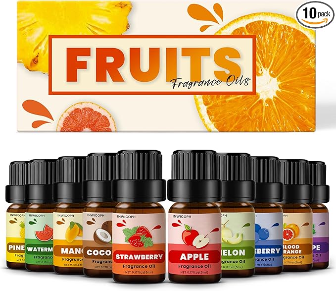 Fruity Fragrance Oil for Candle & Soap Making, INWICOPH Premium Essential Oils 5ml x 10 - Blueberry, Strawberry, Mango, Blood Orange, Essential Oil Diffusers for Home