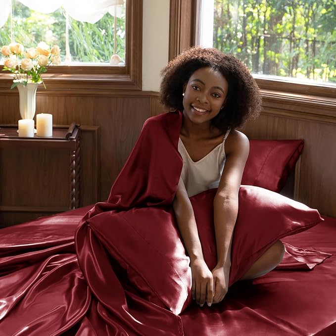 CozyLux Satin Sheets King Size Sheet Set - 4 Piece Silky King Sheets, Luxury Burgundy King Bed Set with Smooth and Soft Microfiber, Includes 1 Fitted Sheet, 1 Flat Sheet and 2 Pillowcases