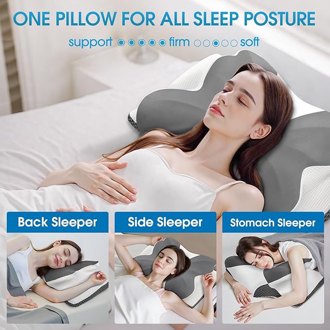 CloudBliss Cervical Memory Foam Pillow for Neck and Shoulder, Contour Neck Support Pillow with Cooling Case, Ergonomic Bed Pillow, Support for Side Back Stomach Sleepers (Grey, Standard Size)