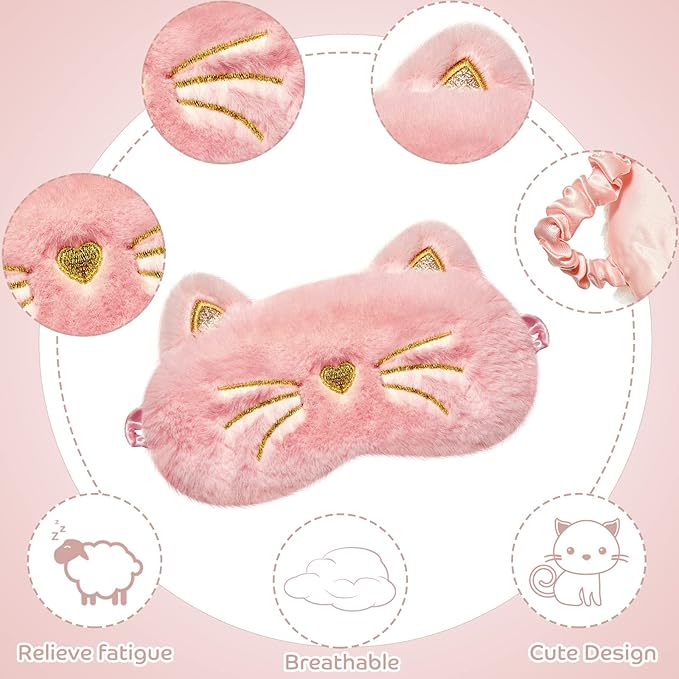 Geyoga 3 Pcs Sleep Mask for Kids, Girls Plush Sleeping Eye Cover Soft Eye Blindfold Cover Animal Shade for Kids(White, Pink and Rainbow Color,Cat Style)