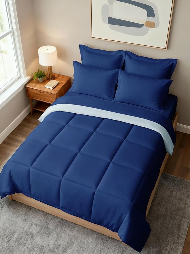 Full Comforter Set - 7 Piece Bed in a Bag Full Size Bed Set - Down Alternative Comforter, Flat Sheet, Fitted Sheet, Pillowcase & Shams for All Seasons - Soft, Comfy & Breathable - Navy Blue/Sky Blue