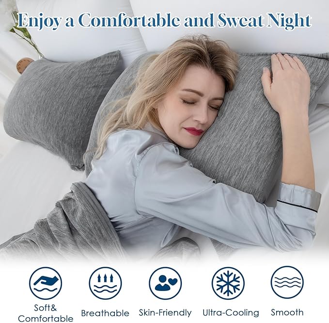 CHOSHOME Body Pillow Cover, Cooling Pillow Cases Zipper Long Pillow Case for Hot Sleepers Q-Max > 0.45, Soft, Breathable, Skin-Friendly, 2 Pack (20"x54", Grey)
