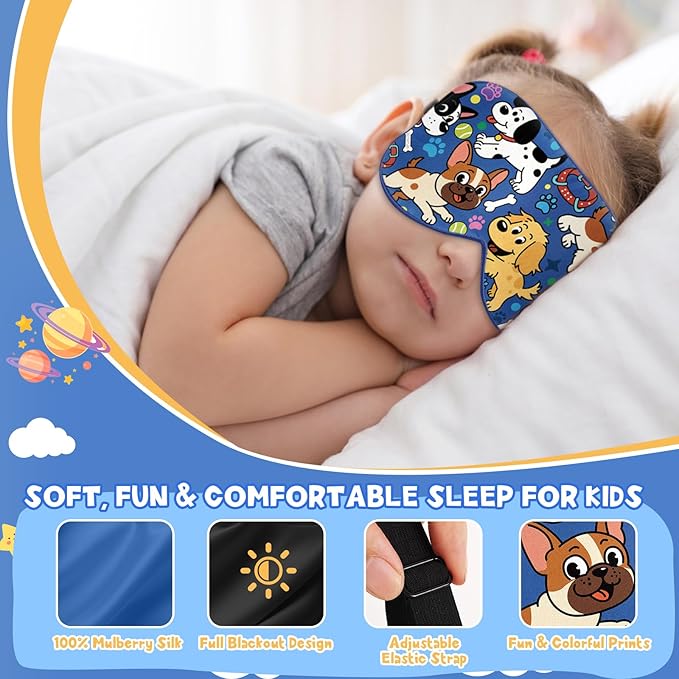 Silk Kids Sleep Mask: 100% Mulberry Silk Eye Mask, Sleeping Masks with Adjustable Strap, Soft & Light-Blocking Printed Kid Eye Cover for Boys Girls Teens Aged 5-15 (Puppy Theme)
