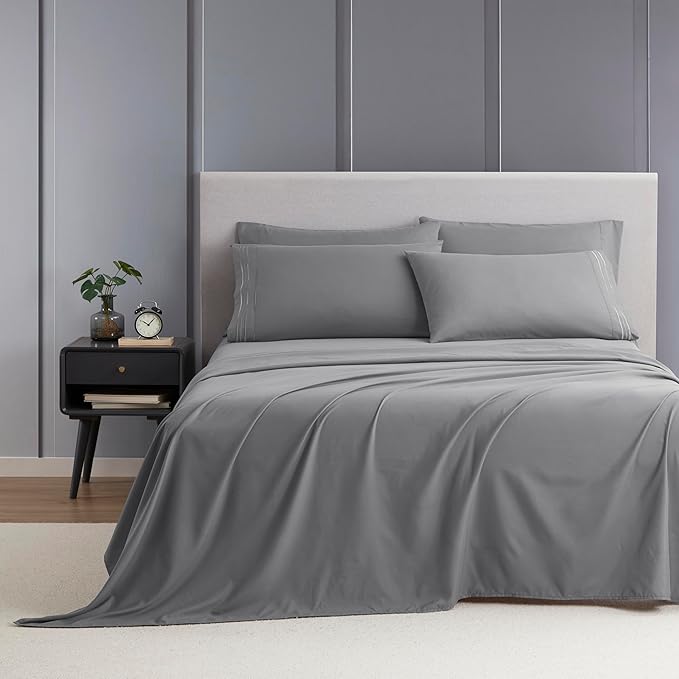 Clara Clark King Sheets - Hotel Luxury 6 Piece Bed Sheets for King Size Bed - Soft Bedding Sheets & Pillowcases, Fits Mattress up to 16 inch deep. King, Medium Grey