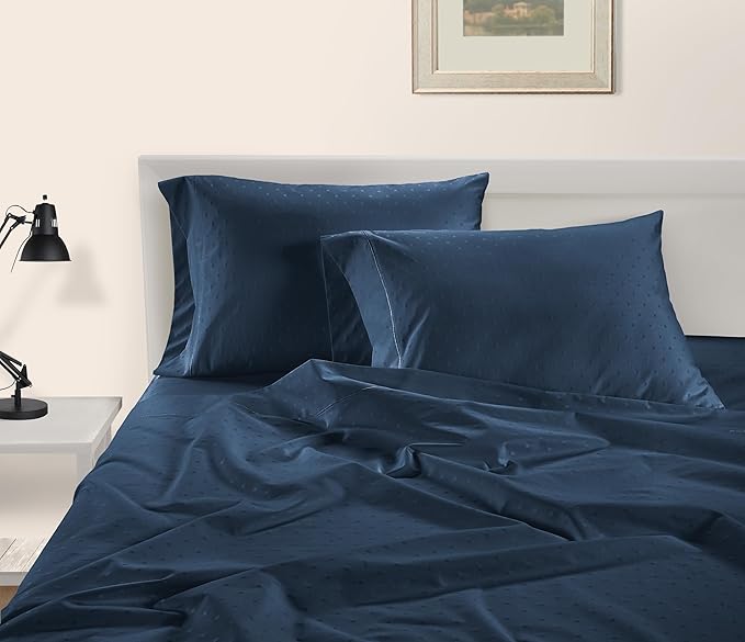 LANE LINEN Pillows Queen Size Set of 2, Soft 100% Egyptian Cotton, Cool & Smooth Pillow Cases - Swiss Dot - Estate Blue