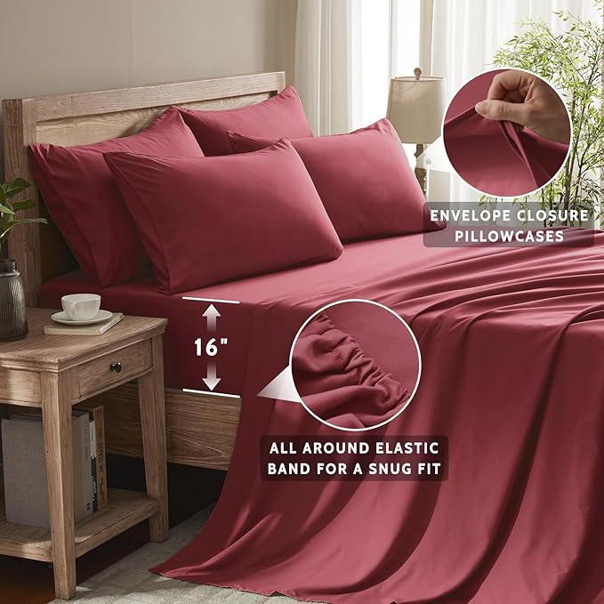 Cal King Size Sheets Set - 6 Piece Luxuriously Soft & Cooling Sheets Cal King Size - Ultra Soft 16" Deep Pocket Cal King Sheet Set - Fitted Sheet & Pillowcase Sets (Cal King Burgundy)