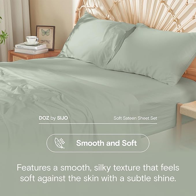 DOZ 100% Long Staple Cotton Duvet Cover Set, Soft Sateen Weave, Smooth, Breathable, Hotel Comfort, 90"x90", 8 Loops, 3pc – 2 Pillowcases 1 Duvet Cover (Sage, Full/Queen)