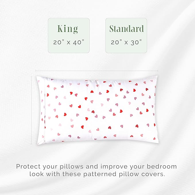 Elegant Comfort Ultra Soft Set of 2 Hearts Print Pillowcases - 1500 Premium Hotel Quality Microfiber, Soft and Smooth Envelope Closure 2-Piece Pillow Covers - King, Valentina